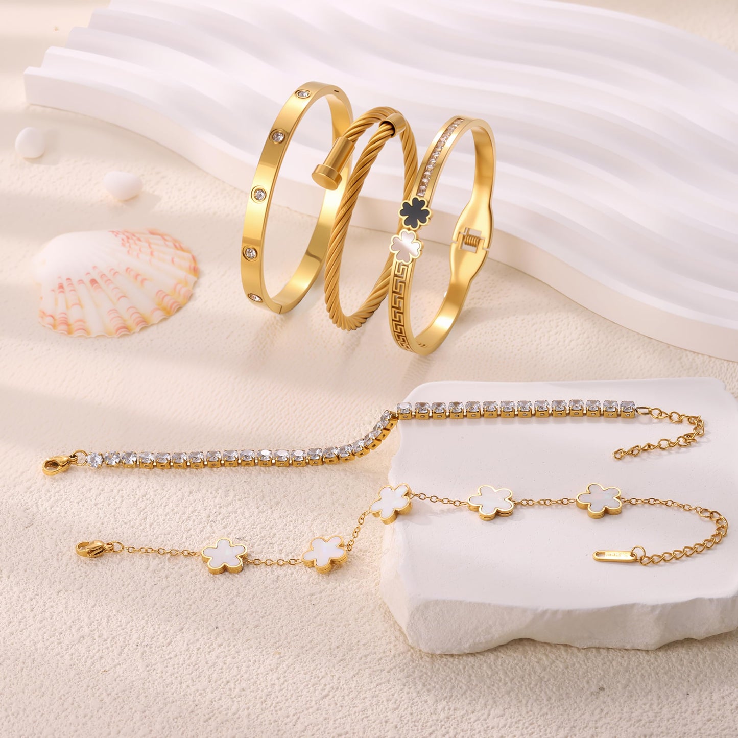 Camhanno 18K Gold Plated Bracelet Set for Women, Stainless Steel Bangle Set with Four Leaf Clover, Crystal Rhinestone Lucky Charm Jewelry, 5-Piece (White Clover Bracelet Collection)