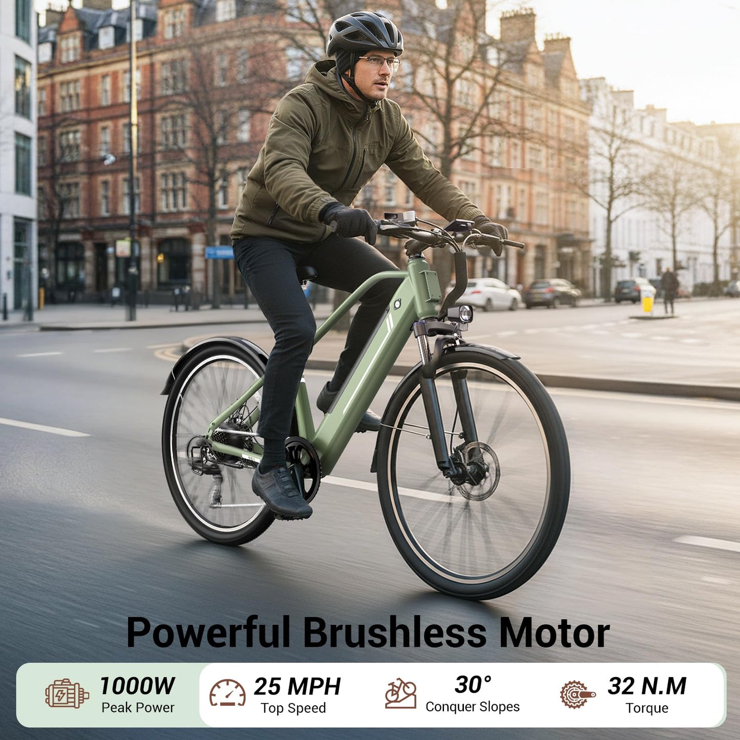 Electric Bike for Adults, Ebike 1000W Peak Motor, 25MPH Commuter Ebike, Up to 40 Miles Range, 26" Electric Bicycle for Adults with 375WH Removable Battery, All-Terrain E-Bike for Leisure(Green)