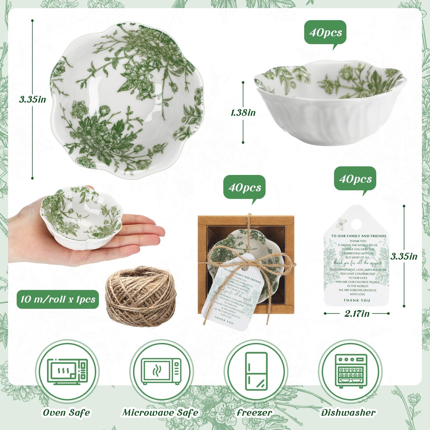 Teenyyou 40 Pack Wedding Favors for Guests Small Ceramic Bowls Bulk Gifts Set 3.3 Inch Sage Green Verdure Design Mini Dipping Bowl Sauce Dish with Cards Box for Party Shower Favor Souvenir