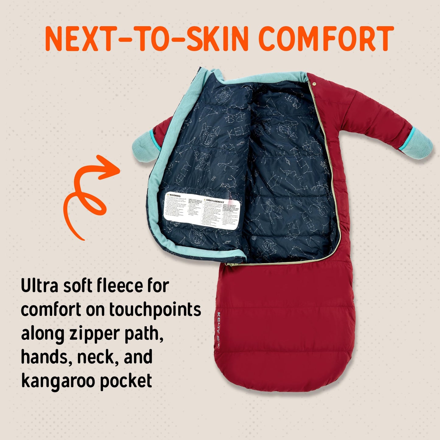 Kelty Space Cadet Infant and Toddler Sized Arms-Out Sleeping Bag, 30-40F Degree Rated, 8M-4T, Fleece-Lined Hand Covers (40F / 2-4T)