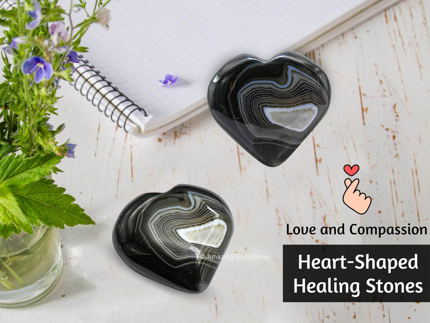 Amazing Gemstone Black Onyx Agate Crystal Heart Palm Stone - Pocket Massage Worry Stone for Natural Body Chakra Balancing, Reiki Healing and Crystal Grid