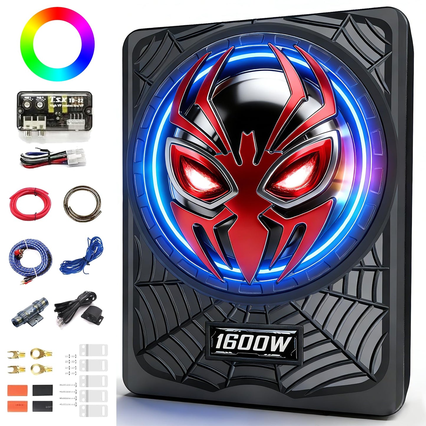 SUBPULSIX 1600W Slim Under seat Car Subwoofer and Amp Package, Powered Subwoofer with Built-in Class D Amplifier, Cast Aluminum Body, LED Ambient Light Switch, Deep Bass Subwoofer for Car, Truck, SUV