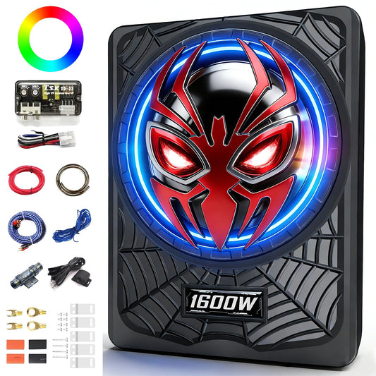 SUBPULSIX 1600W Slim Under seat Car Subwoofer and Amp Package, Powered Subwoofer with Built-in Class D Amplifier, Cast Aluminum Body, LED Ambient Light Switch, Deep Bass Subwoofer for Car, Truck, SUV