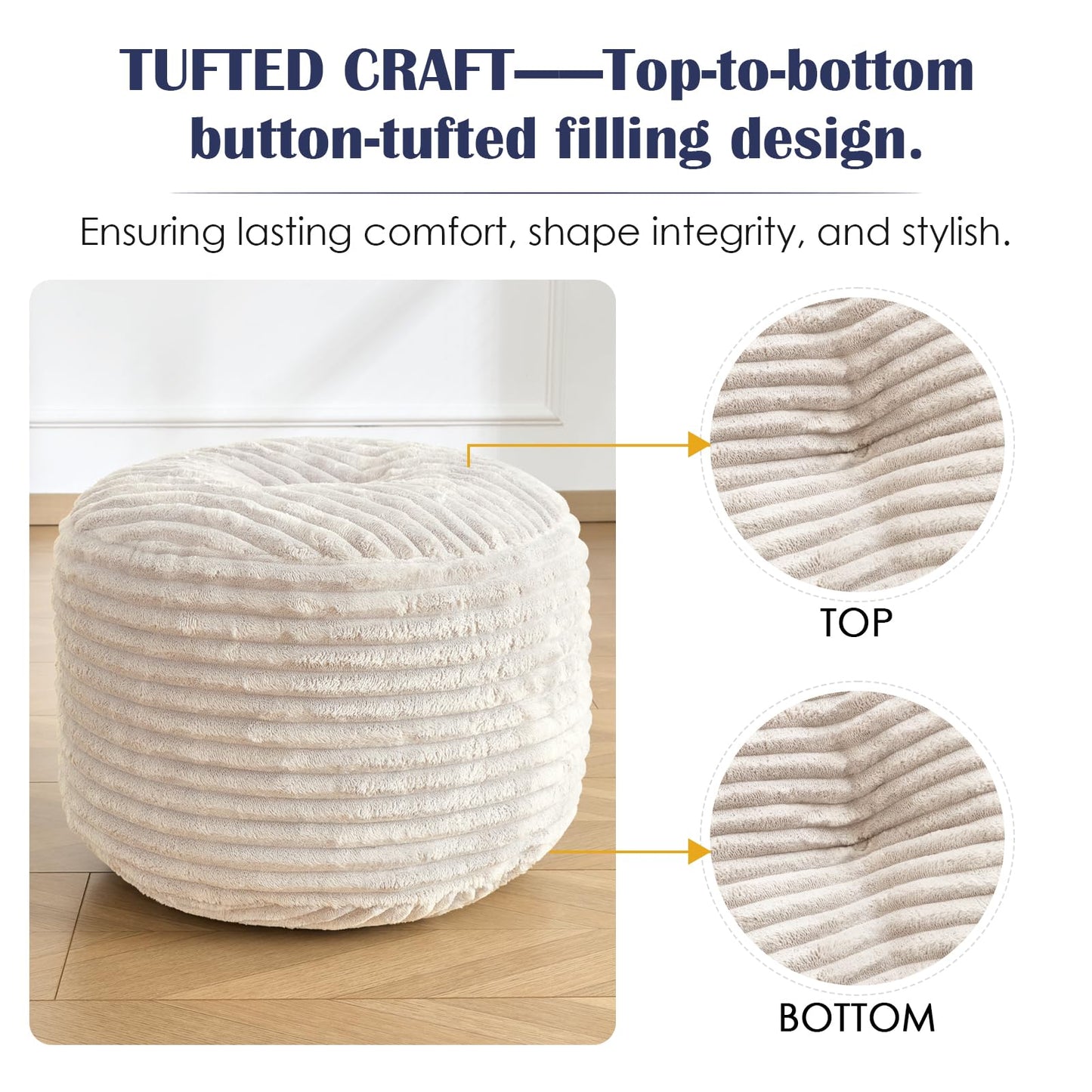 SHOUREN Stuffed Round Pouf Ottoman,Corduroy Foot Rest with Shredded Foam Filling, Lightweight and Fluffy Pouf Storage Ottoman for Living Room,Floor Poufs for Couch,20"x15", Beige