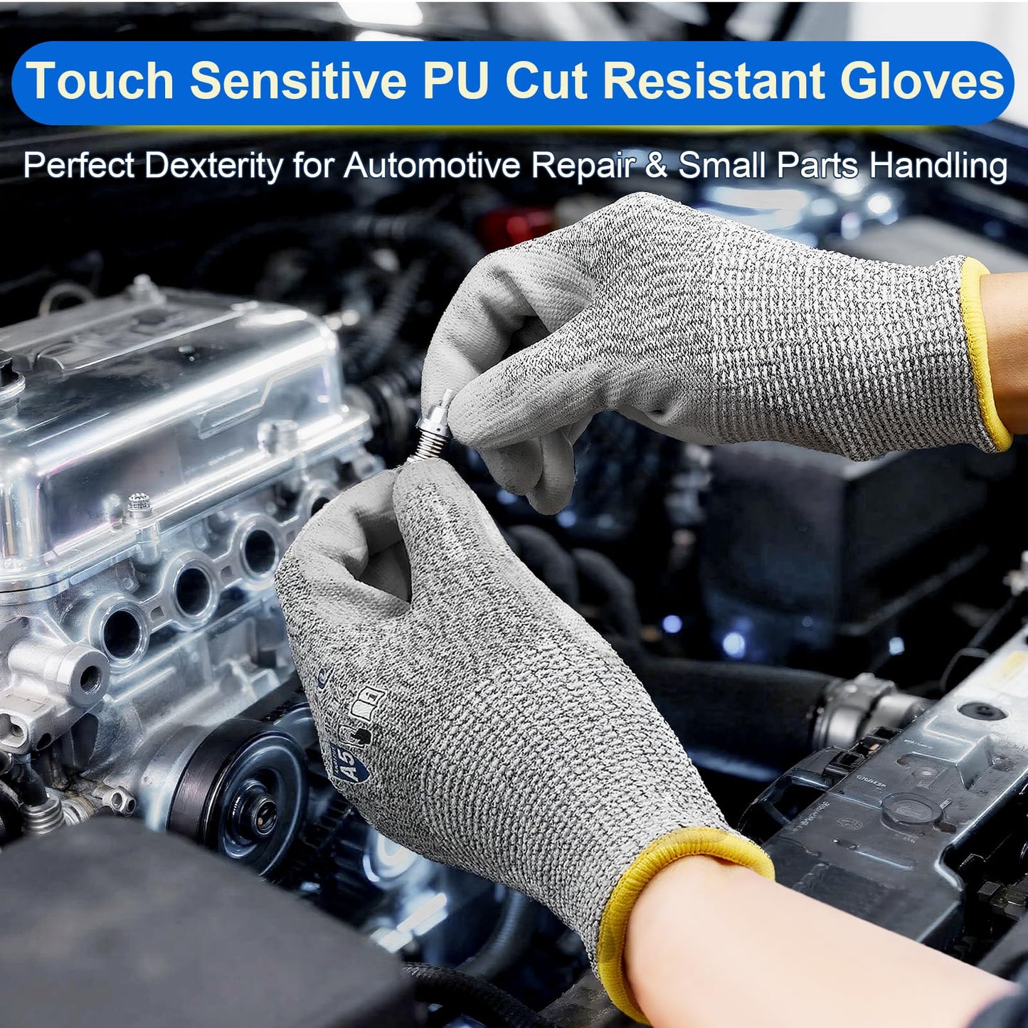 Dowellife Cut Resistant Work Gloves for Men & Women - ANSI A5 & EN388 Level 4, Breathable PU Coated, Grey Non-Marking - for Gardening, Fishing, Automotive, Construction, Wood Carving (Large, Grey)