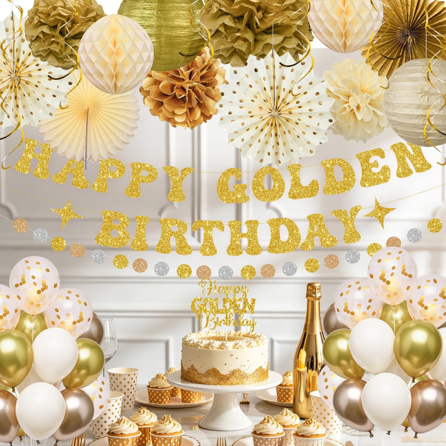 Golden Birthday Party Decorations,Gold Birthday Decorations with Happy Golden Birthday Banner,Paper Lanterns,Tissue Pom Poms,Fan,Gold Cream Balloons for Women Men,Photo Backdrop Decor,Gold Party