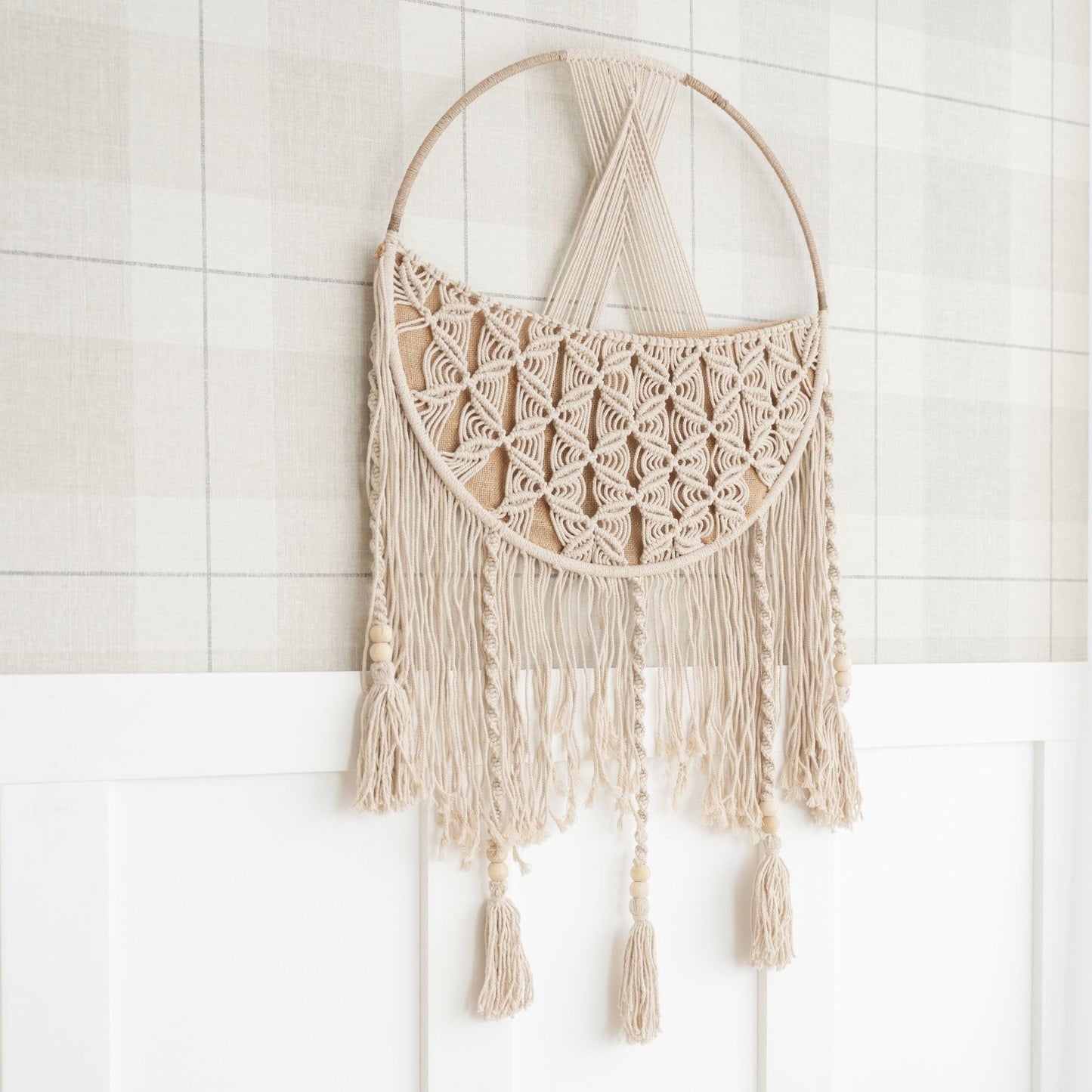 Crane Baby Charlie Farmhouse Macramé Boho Toy Bin with Tassels, Hanging Basket Nursery Decor, Stuffed Animal Storage, Wall Organizer for Playroom, Boho Baby Room Decor& Kids Room Organization