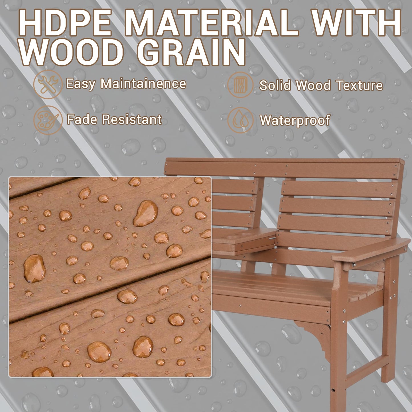 WENTUM Outdoor Bench with Cup Holders, HDPE 2-Person Weatherproof Patio Benches, Fade/Rot Resistance, Garden Bench for Front Porch Backyard Park, Brown