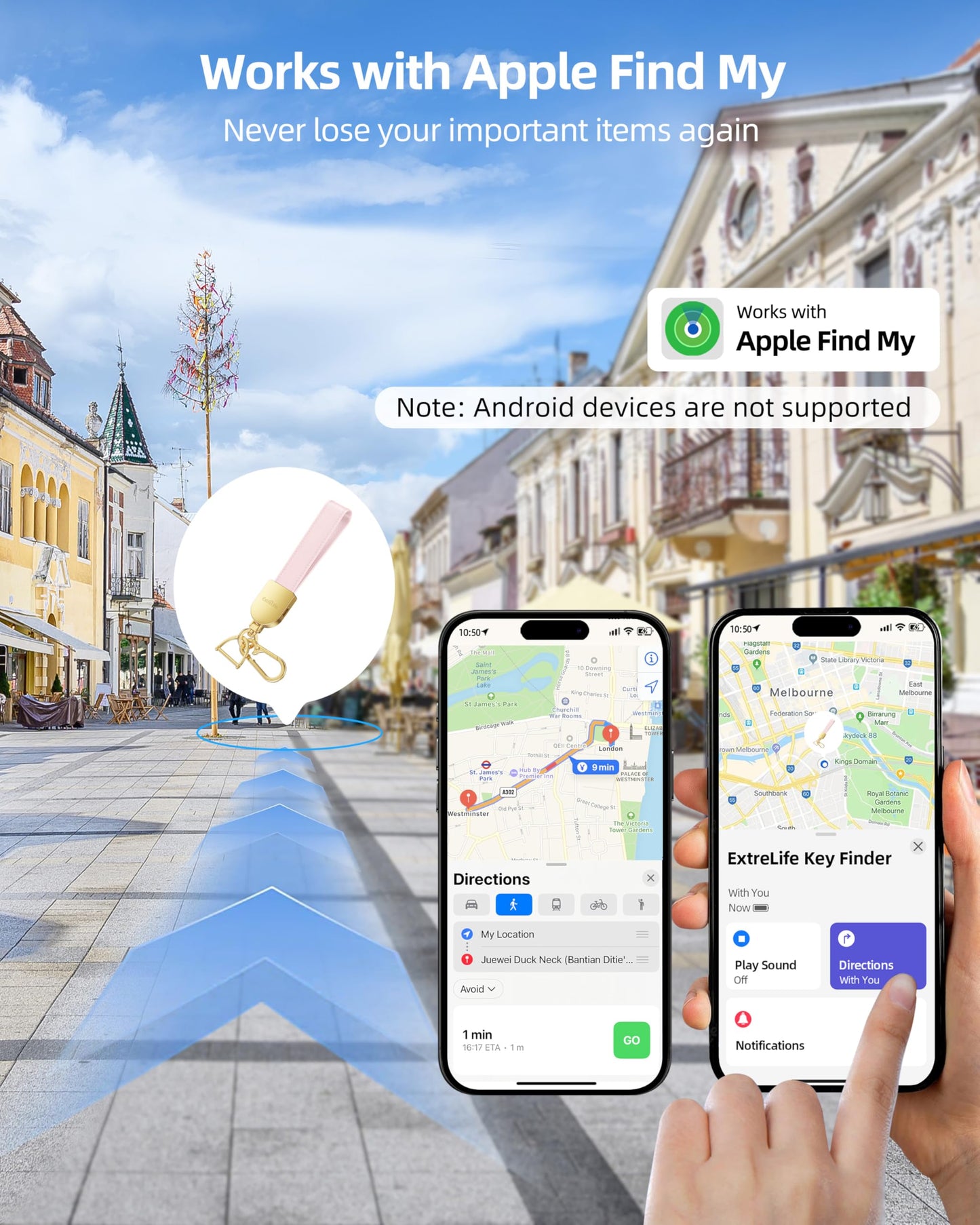 Keychain, Works with Apple Find My, Leather Car Keychain for Women and Men, Car Key Fob Holder, Key Chain with GPS Tracker, Anti-Lost Smart Keys Finder, Rechargeable, Pink