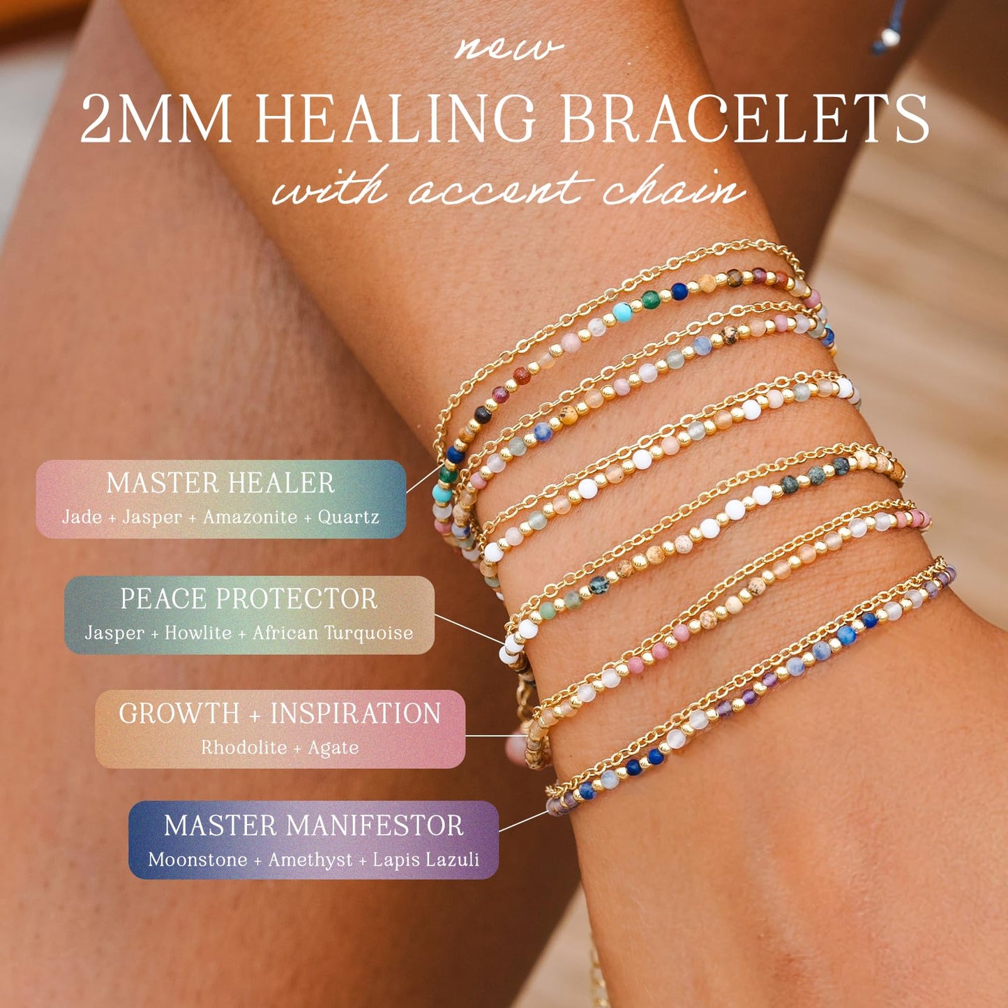 Lotus and Luna 2MM Master Healer Energy Chakra Healing Dainty Layered Bracelet with Real Stones Jade, Pearl, Rose Quartz, Amethyst, Moonstone (Master Healer Silver)