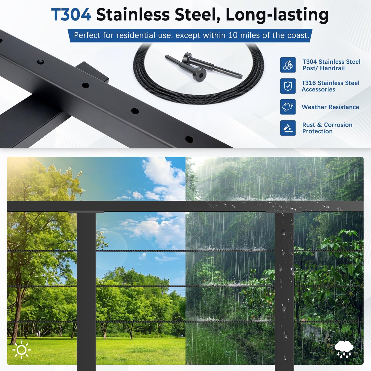 Zylorix 8ft-12ft Complete Set Cable Railing System 36" with Cuttable Handrail DIY Cable Rail, Black T304 Stainless Steel Cable Railing Posts Kit, One-Stop Easier for DIY for Indoor Outdoor Level Decks