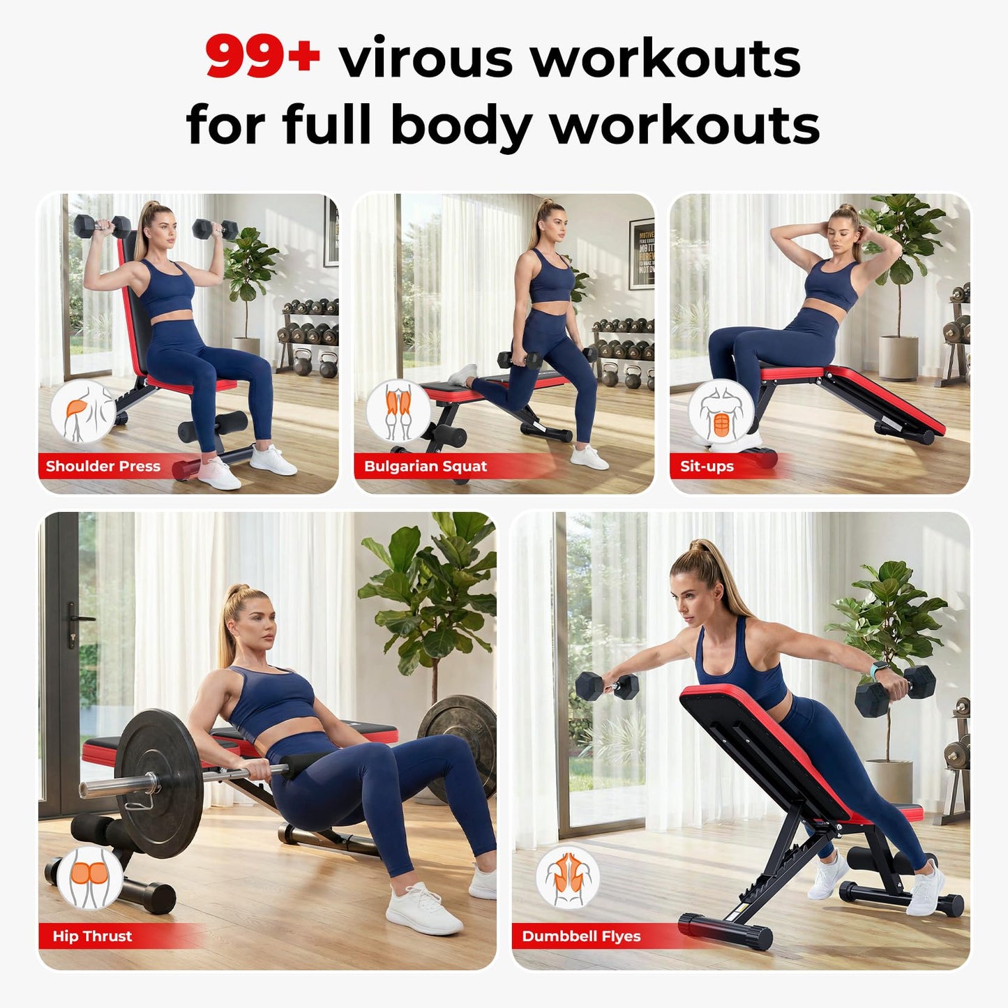 Rockvale 95% Pre-assemble Adjustable Weight Benches for Home Gym, 9 Backpad Positions Workout Bench, 660lb Compact Bench Press for Small Space(1Sec Fast Folding)