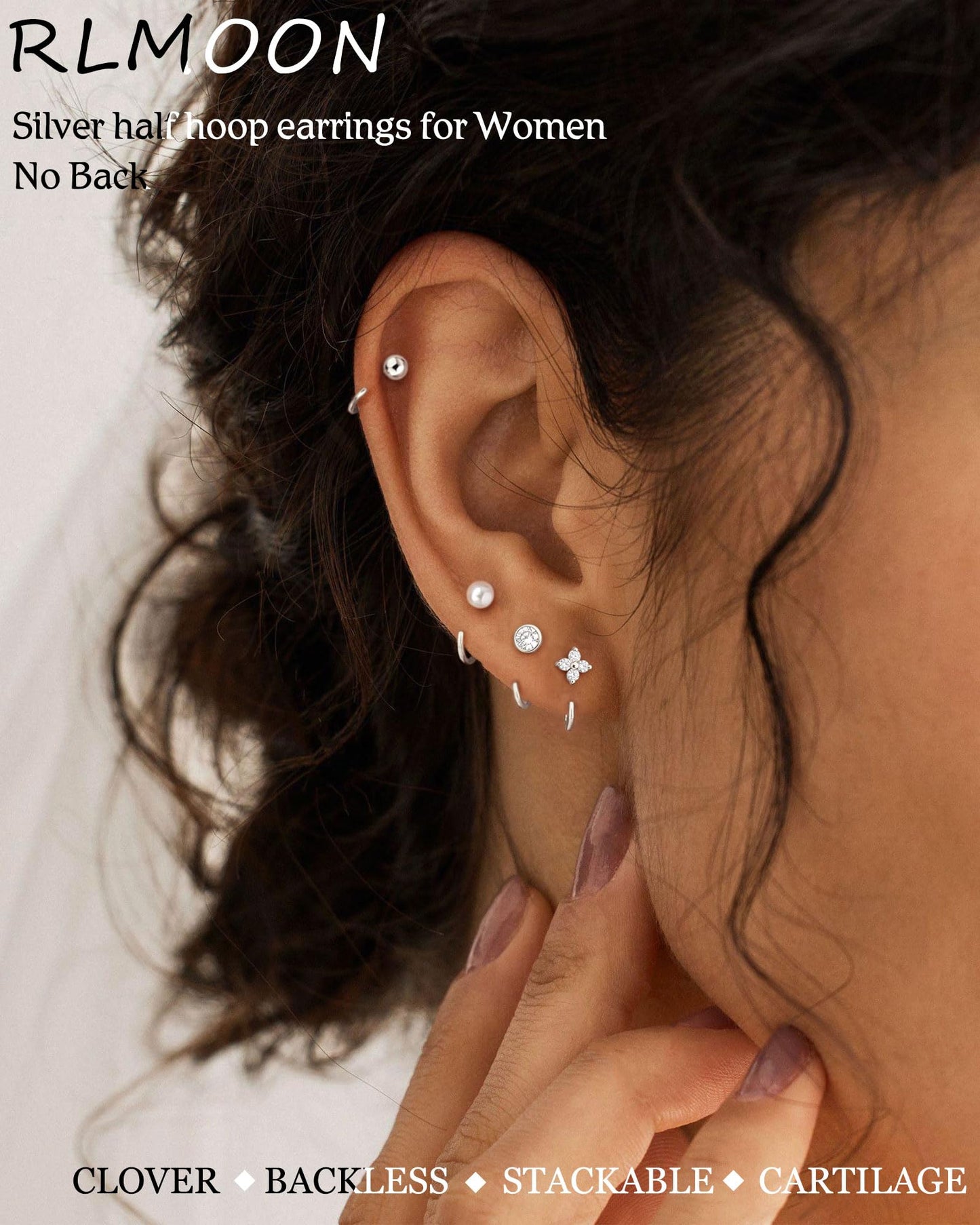 RLMOON Backless Earrings Silver Huggie Half Hoop Earrings for Women 14K Gold Plated Stay Close Hoop Earrings No Back Comfort Fit Hypoallergenic Stackable Earrings to Sleep in