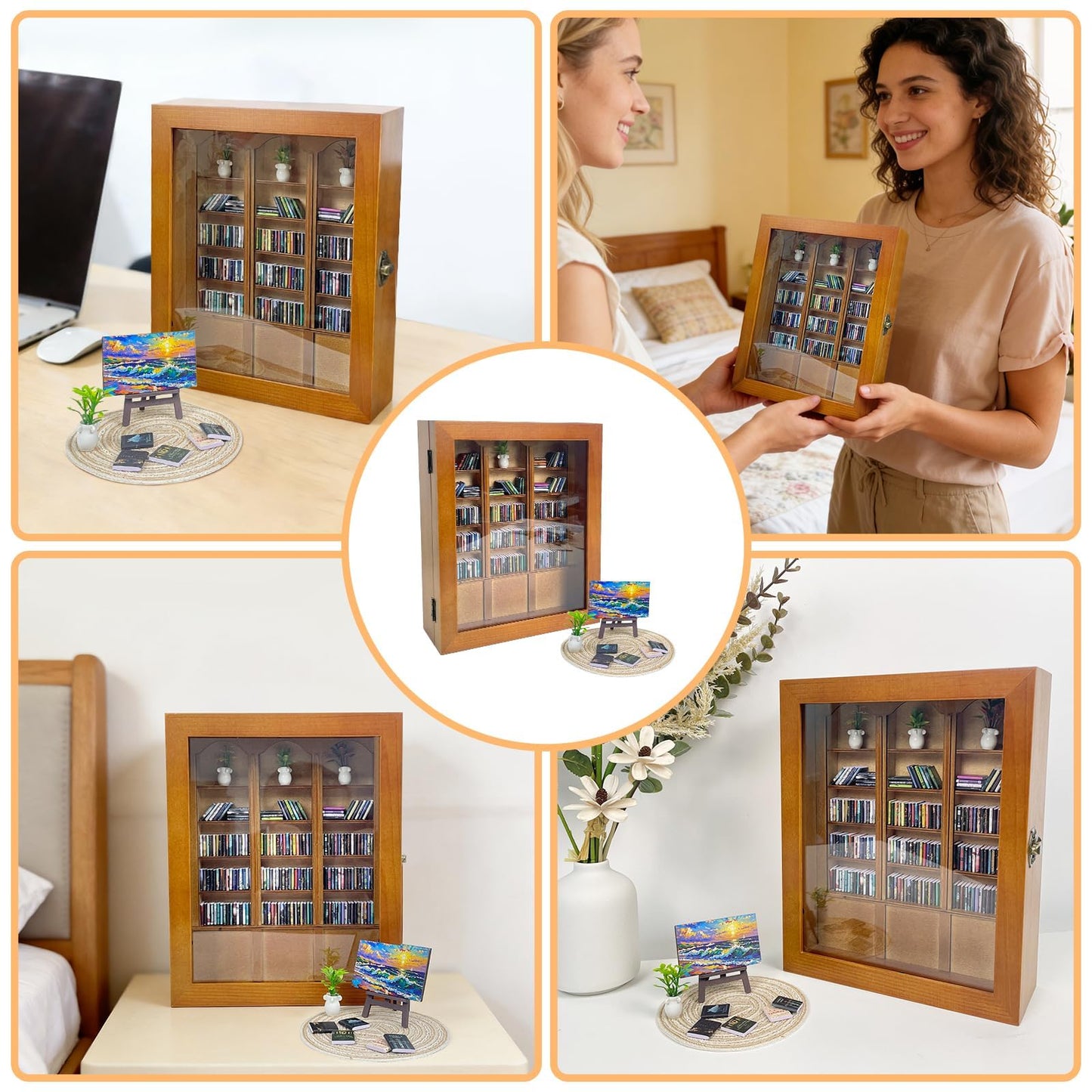 KALOPEZY Mini Bookshelf for Desk with 260 Tiny Books, DIY Anxiety Relief Wooden Book Nook Kit with Side Door, Acrylic Display Case with Easel Plant Rug, Stress Relief Decor Gift for Book Lovers Women