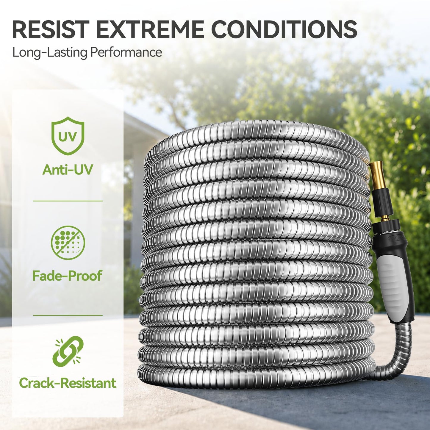 SPECILITE Expandable Garden Hose 50 FT, 304 Stainless Steel Heavy Duty Metal Water Pipe with Adjustable Nozzle - Flexible, Kink Free, Leak-Proof, Lightweight, for Outdoor, Yard, Lawn, Car Washing