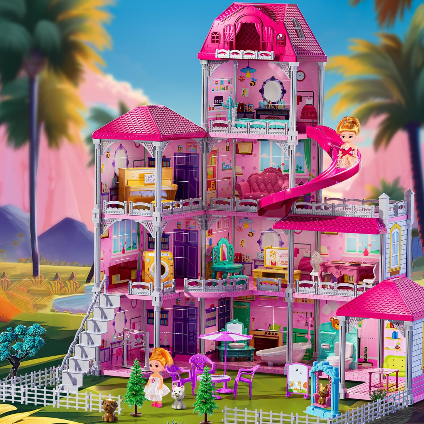 JUKUDAHU Villa Playset for Girls Ages 3-7, 4-Storey House with 10 Rooms, 2 Dolls, Furniture and Accessories, Indoor Playset Girls Toys for Ages 6-8, Pretend Toddler Toys, Birthday Gifts for Kids 4-8