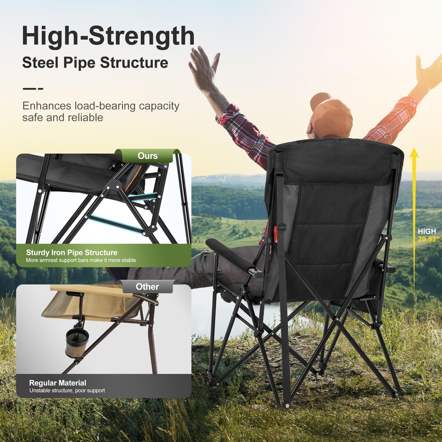 LET'S CAMP Oversized Camping Chairs 29.52" High Back Heavy Duty Lawn Chair Support 500LBS, Portable Collapsible Chair with Cup Holder, Side Pocket,2 Pack(Black)