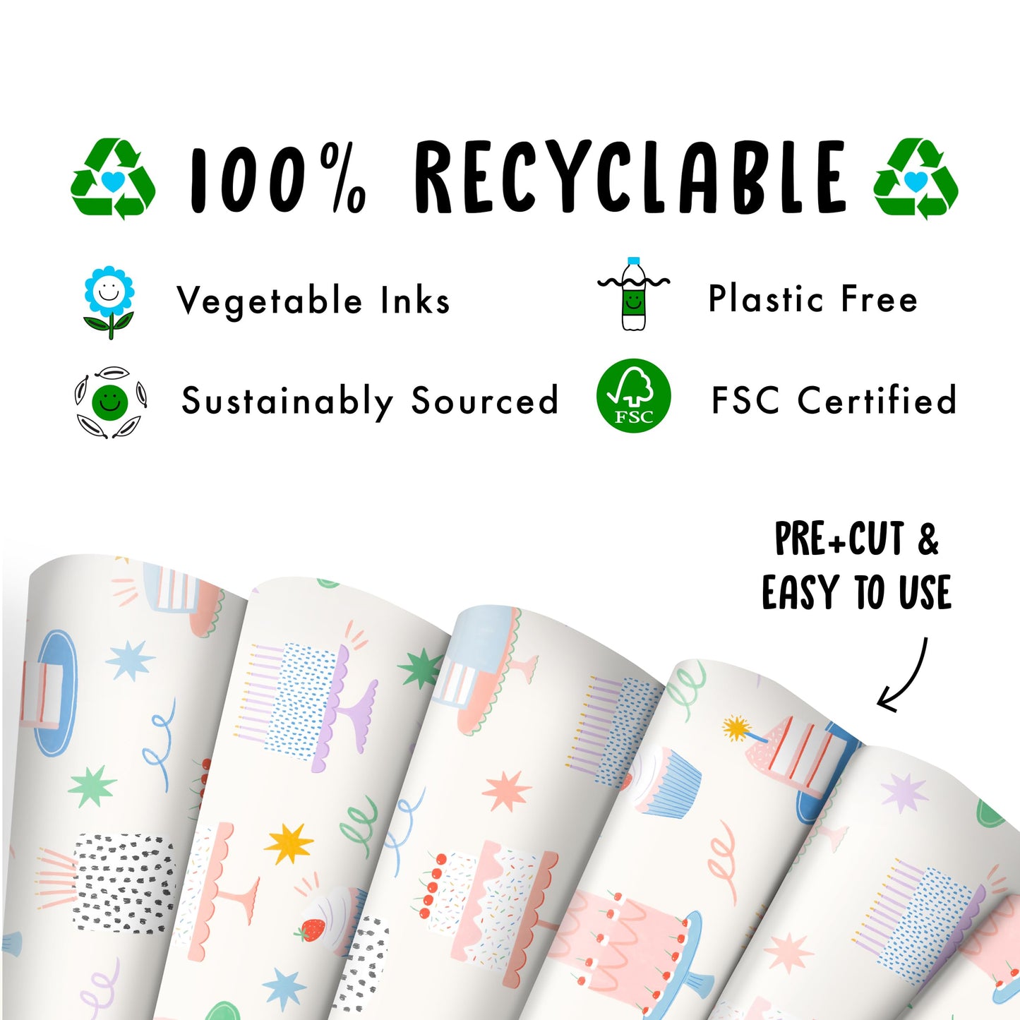 CENTRAL 23 Birthday Wrapping Paper For Women - 6 Sheets Of Girly Gift Wrap For Her - Birthday Cakes Confetti - For Mom Wife Sister Niece Cousin - Recyclable
