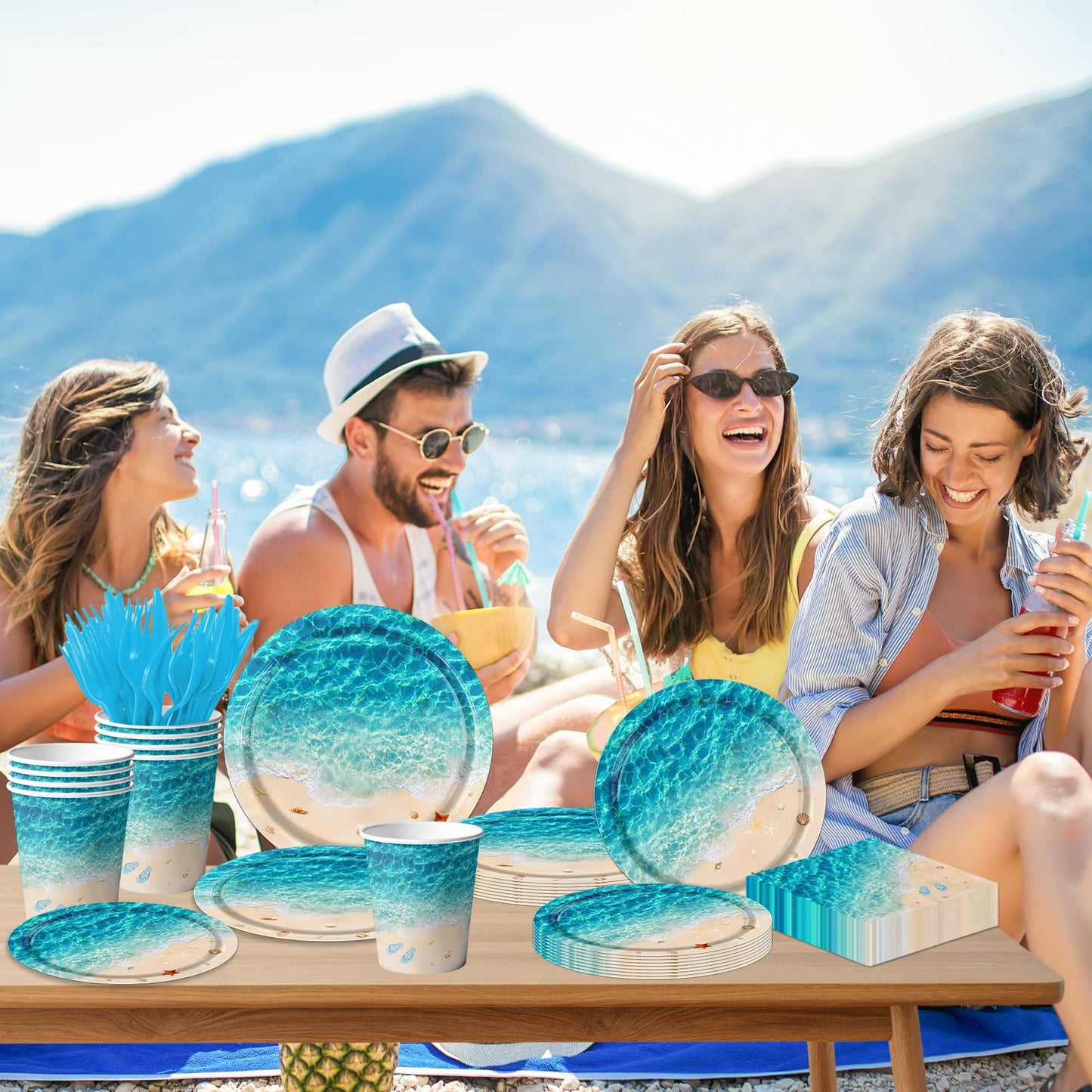 Beach Party Supplies, 144Pcs Ocean Waves Birthday Party Supplies Tableware Set Summer Pool party Decorations Ocean Plates and Napkins and Cups for Hawaiian Birthday Decorations