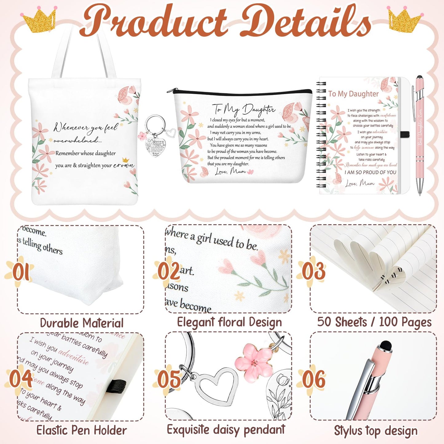 Gaillty 5 Pcs Gifts for Women, Inspirational to My Daughter Mothers Day Gift with Tote Bag, Makeup Bag, Notebook, Ballpoint Pen & Keychain Congratulations Graduation Wedding Gift from Mom Dad