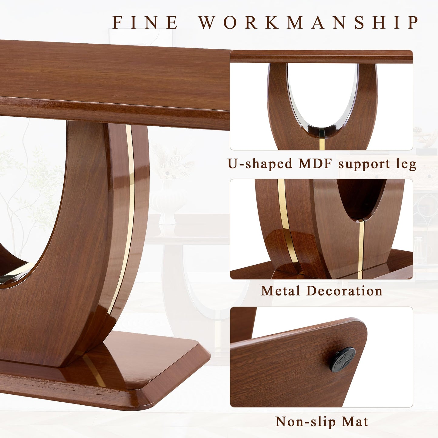 JUFU Modern Dining Table Set for 6, 63'' Kitchen Table Set with Faux Marble Tabletop and 4 PU Leather Upholstered 0501 Brown Chairs, Dinner Table Set for 6, Ideal for Dining Room and Kitchen