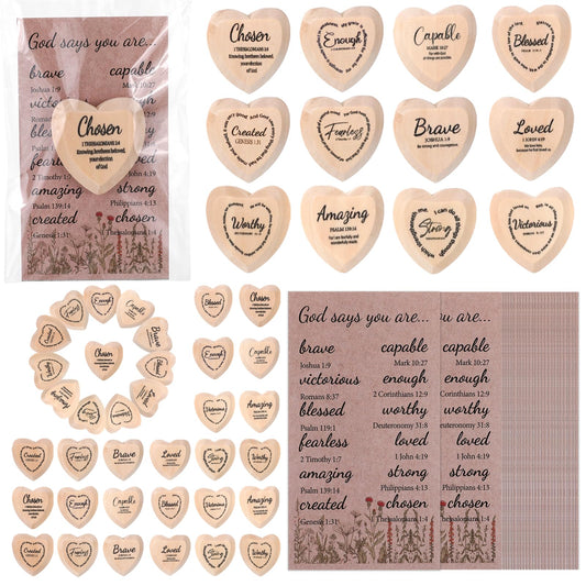 48 Set God Says You are Wood Heart Small Christian Gifts Bulk Religious Gifts Pocket Heart Token with Bible Verse Word Holy Week Affirmation Church Gift for Adults Sunday School Easter Supplies