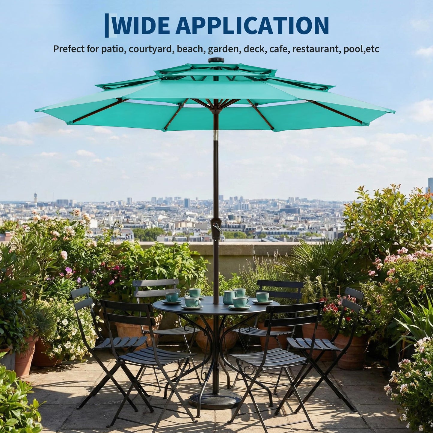 JoanKaren 3 Tier Patio Umbrella with Light, 9ft Outdoor Patio Umbrella with Vented Top, 24 LED Solar Lights, Easy Crank and Push Button Tilt, 8 Sturdy Ribs, for Pool, Deck, Yard, Garden, Light Blue