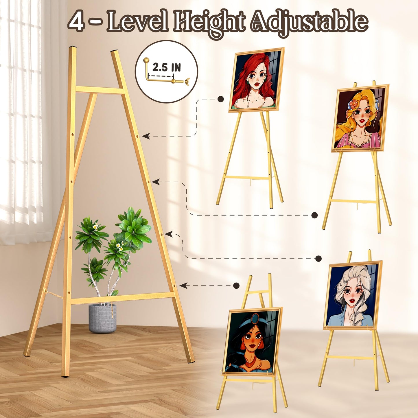 Gold Metal Easel Stand for Sign,Heavy Duty Art Easel with Adjustable Chain,Tripod Structure,4-Level Height—Easels for Wedding Welcome Sign Holder,Baby Shower Poster,Birthday Party,Posters