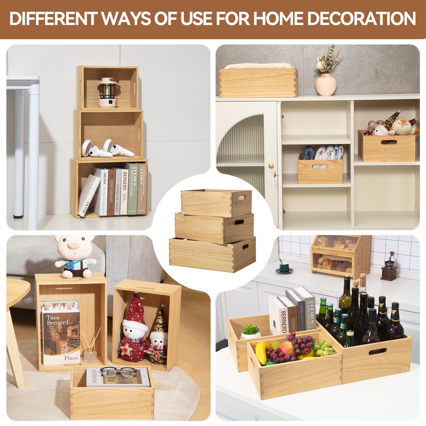 KIRIGEN Nesting Wood Crates with Handles, Set of 3 Decorative Storage Boxes, Farmhouse Shelf Bins for Pantry, Bathroom, Craft Room, Toys, Towels, Books, 15.75 x 11.8 x 5.9 in, Natural 3TH-NA