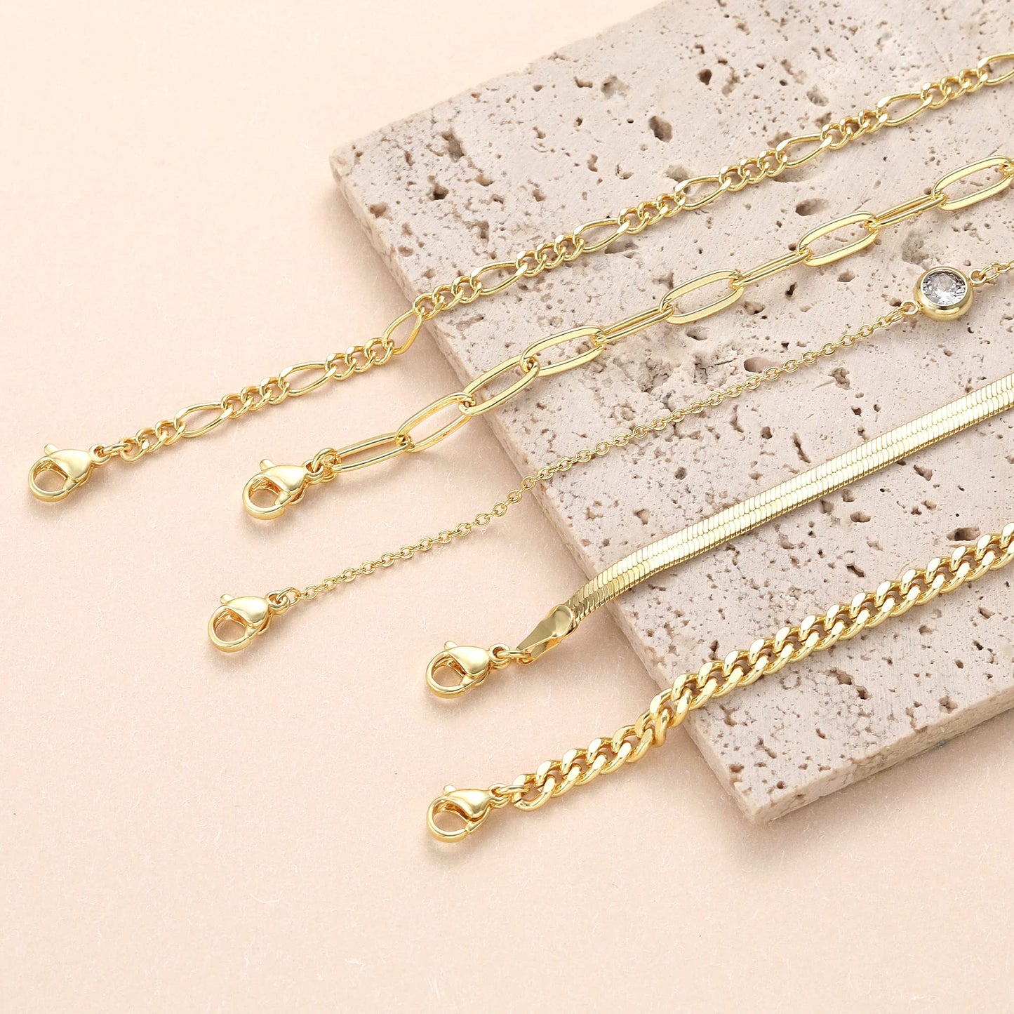 DEARMAY Gold Plated Bracelets for Women, 14K Real Gold Jewelry Set Cuban Link Beaded Chain Bracelets Figaro Paperclip Rope Herringbone CZ Bracelet Pack Gifts