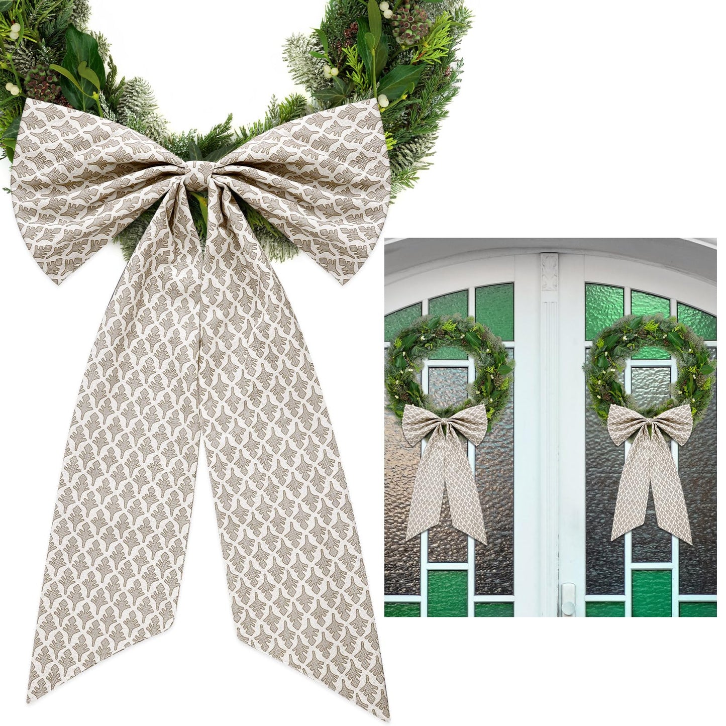 HunnmingRe 2 Pcs Driftwood Block Print Bow Wreath Sash 24 x 16 Inch Christmas Wreath Sash for Front Door Holiday Floral Burlap Bow Accessories for Doorway Indoor Outdoor Garland Home (Beige)