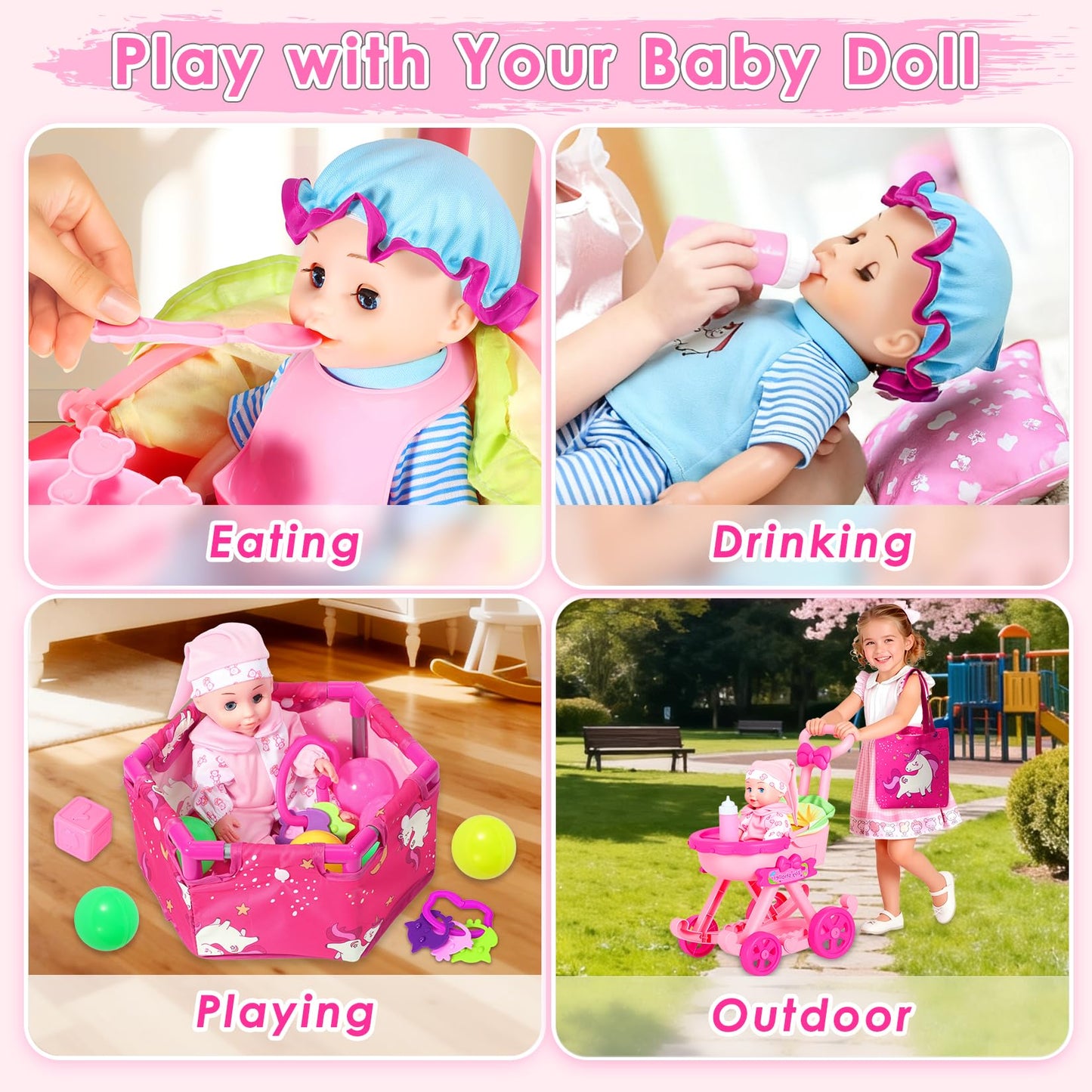 HUITEM Baby Doll Stroller Toys Set, 17 PCS Baby Doll Accessories Stroller Toys with Baby Dolls,2 Sets Doll Clothes, Playpen, Handbag, Feeding Nursery Pretend Play Gifts for Girls Toddlers 3 4 5
