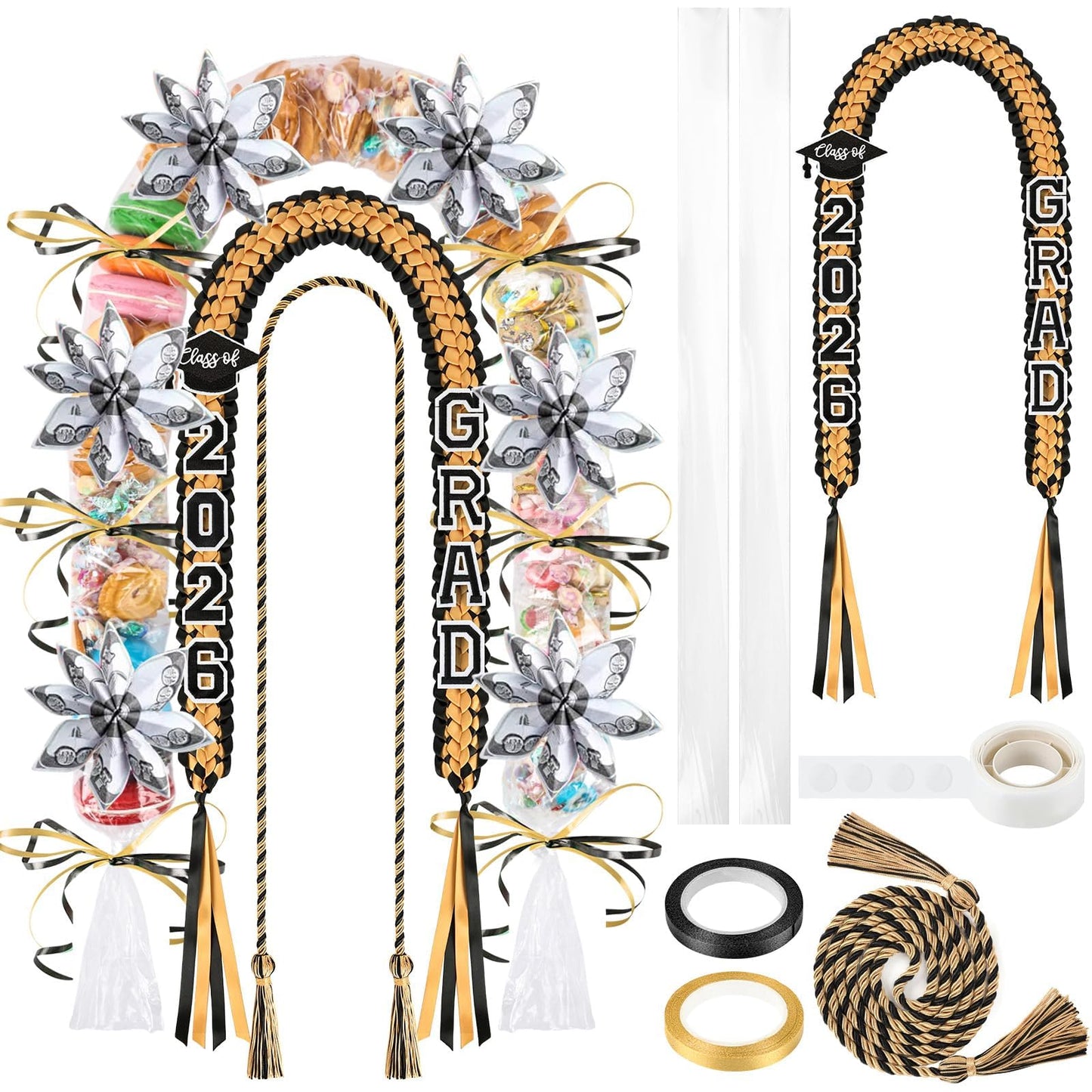 YLOLUL 16 Pcs Graduation Leis 2026 Graduation Candy Lei Kit with Honor Cord Class of 2026 Graduation Ribbon Money Lays Necklace Graduation Gift Party Accessories for Women Men