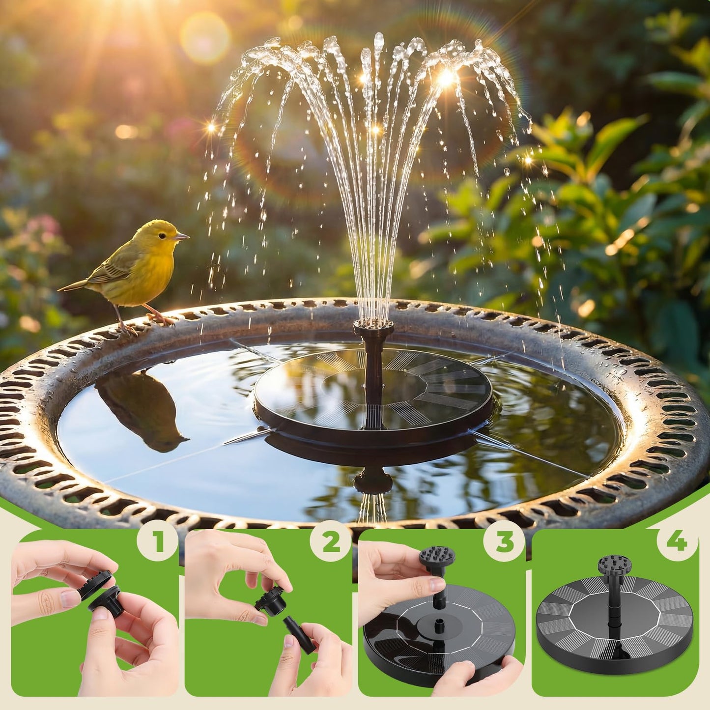 AISITIN Solar Fountain for Bird Bath, Solar Water Fountain Pump with 6 Nozzles, Solar Powered Fountain for Garden, Pond, Pool, Fish Tank and Outdoor Decor
