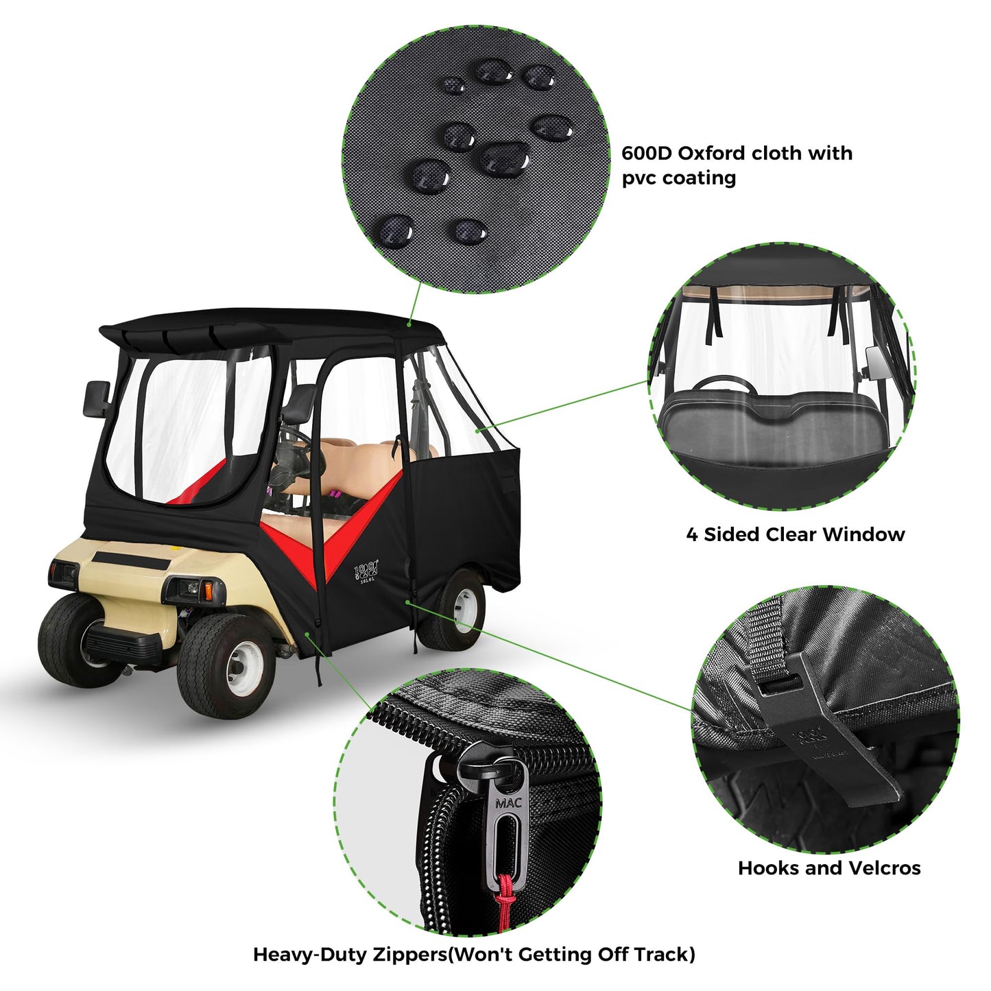 10L0L 4 Passenger Golf Cart Enclosure for Club Car DS (Short Roof 56"), Windproof Waterproof Portable Storage Cover 4-Sided Clear Window & Roll-up Zipper Door - Black Red