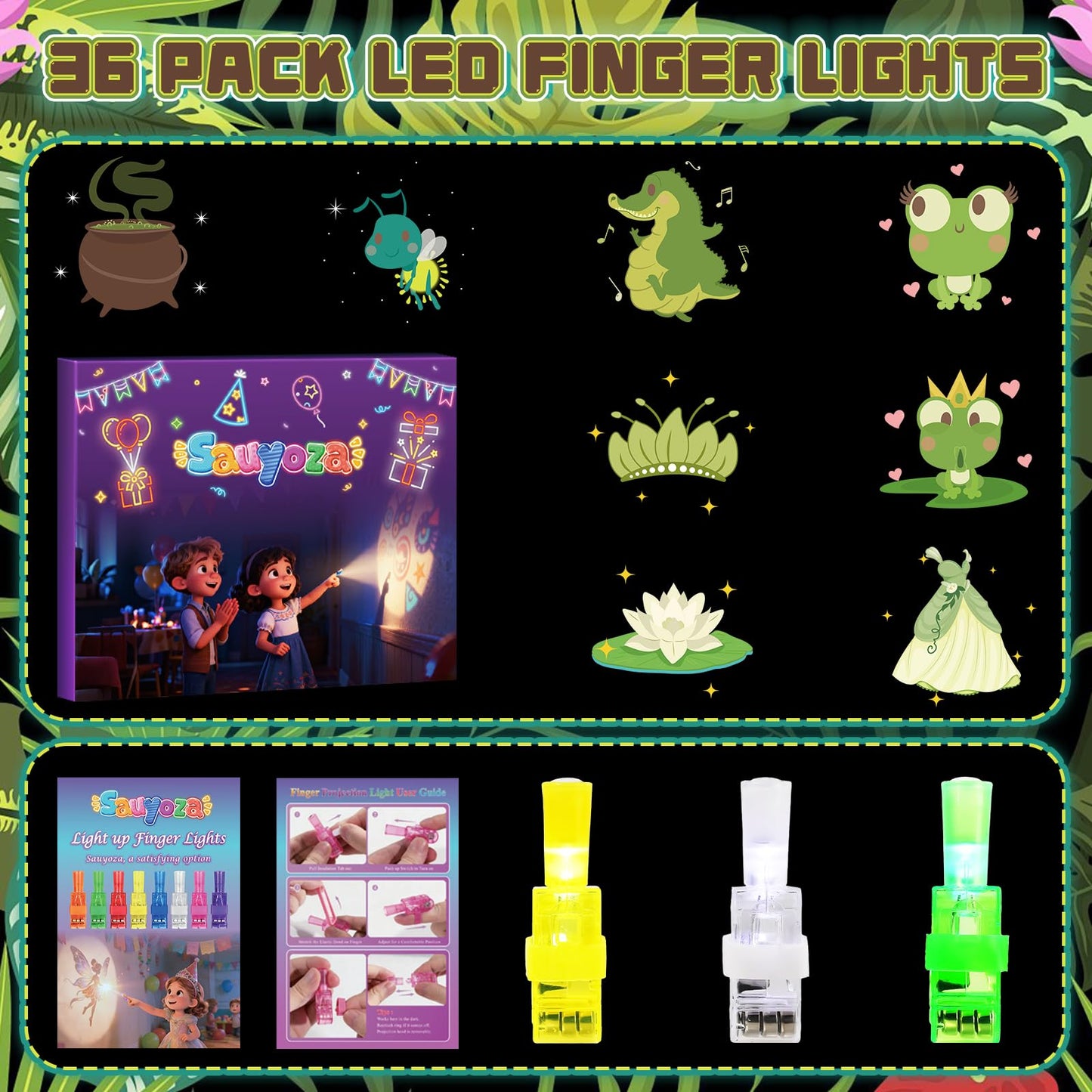 Sauyoza 36 Pack Frog Princess Party Favors LED Finger Lights for Kids, Glow in the Dark Birthday Party Supplies, Goodie Bag Fillers, Classroom Rewards Gifts Bulk, Cosplay & Night Games