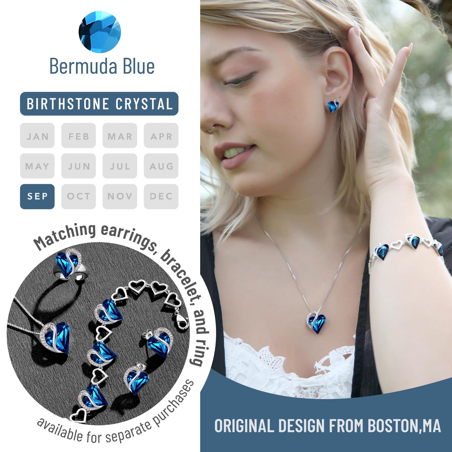 Leafael Gift Necklaces for Women, Infinity Love Birthstone Heart Pendant, Bermuda Sapphire Blue Crystal for September, Birthday Jewelry for Mom and Wife, Silver Plated, 18" + 2" Chain