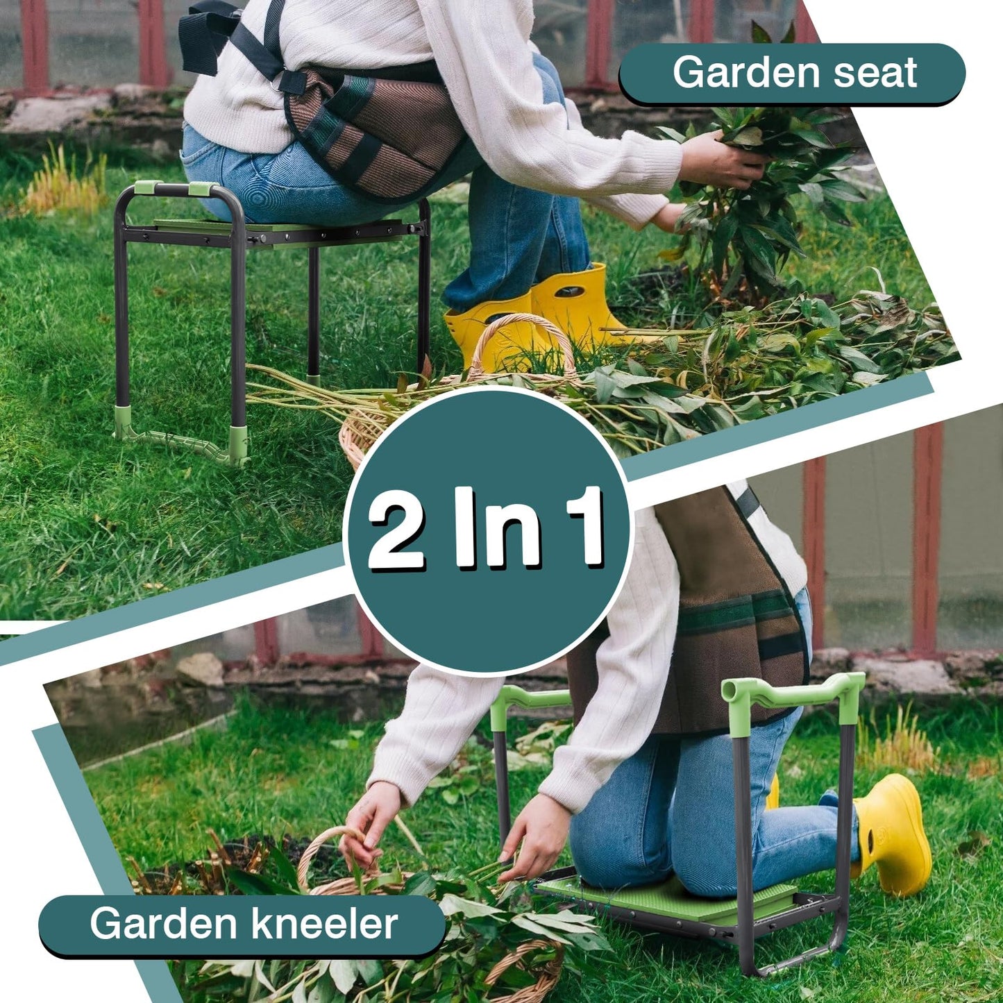 Byhagern Foldable Garden Kneeler and Seat – 2-in-1 Gardening Stool with a Tool Storage Pouch, Lightweight and Portable for Elderly, Outdoor, Lawn Care (Green)