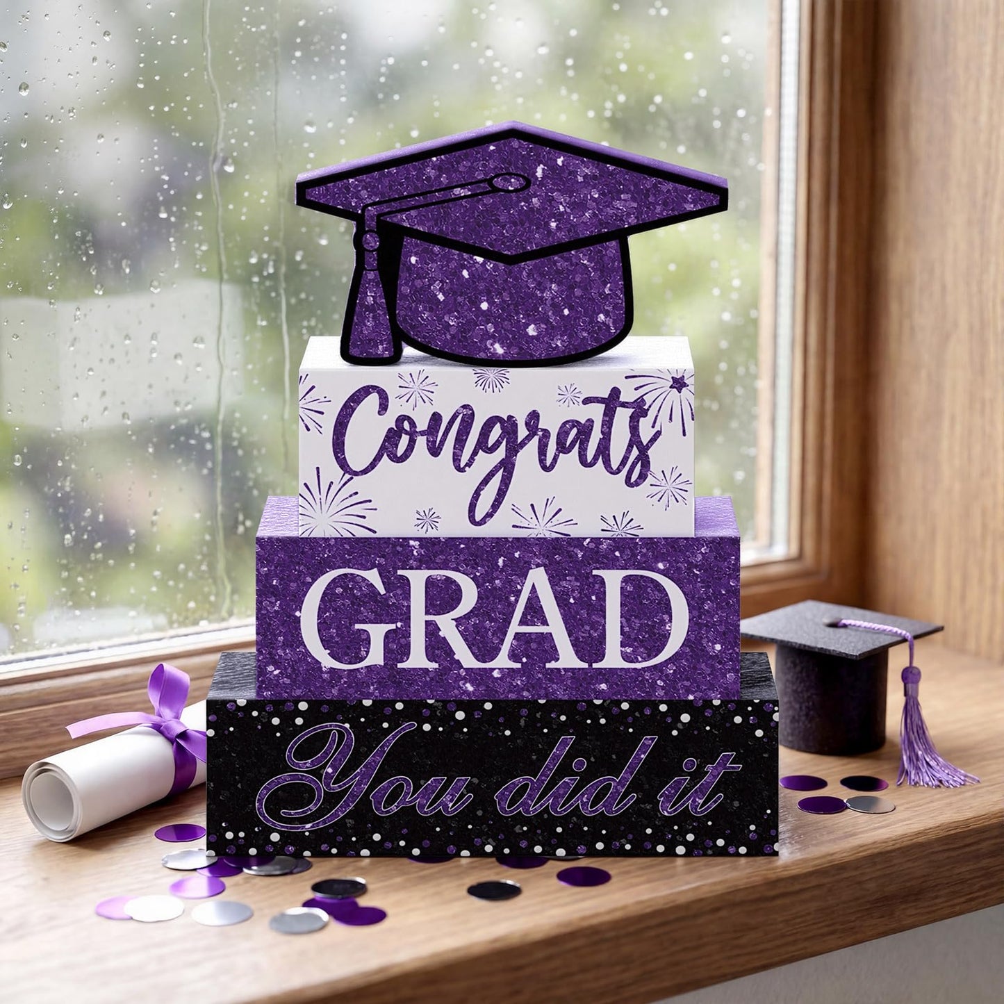 Cinnvoice 4 Pcs Graduation Table Decor 2026 Congrats Grad Centerpiece Class of 2026 Wood Sign Graduation Tiered Tray Decor Farmhouse Congratulate Gifts for Home Shelf Party Decorations(Purple)
