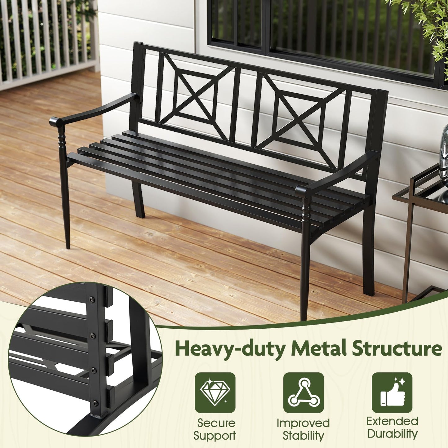 Giantex Metal Outdoor Bench with Backrest, Curved Armrests, Non-Slip Foot Pads, Slatted Seat for 2-3 Persons, Load 660lbs, Loveseat, Patio Bench for Garden, Yard, Poolside, Lawn, Porch, Park, Black