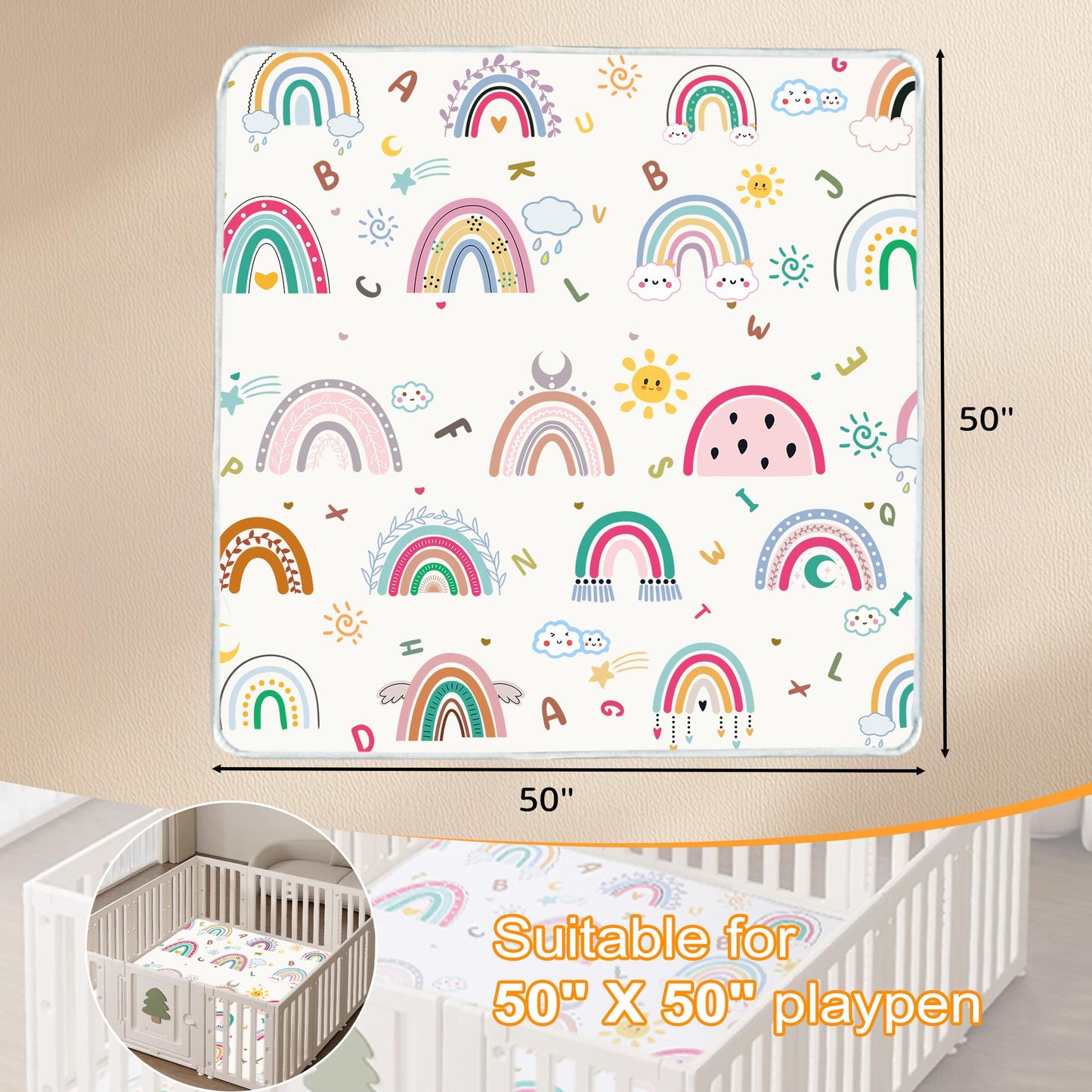 Baby Play Mat, 1-Inch Thick Foam 50" X 50" Playpen Mat,Waterproof & Non - Slip Playmat for Baby Play on Floor, Wipe - Clean, Ideal for Infants, Toddlers & Kids' Crawling and Tummy Time(Rainbow)