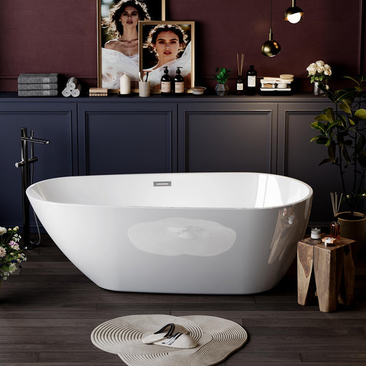 67" Deep Soaking Bathtub, Non-Slip Acrylic Tub with Chrome Drain, cUPC Certified, Ergonomic Modern Bath for Bathrooms, Easy-Install, White Pearl
