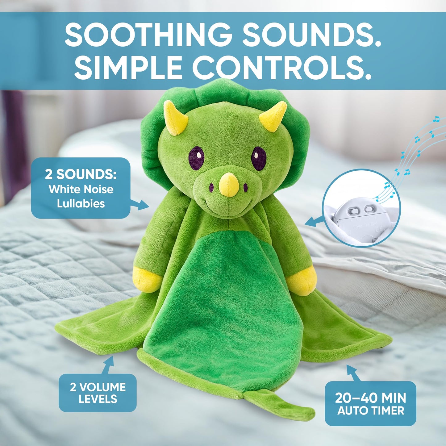 Love By Emi 4 in 1 Baby Lullaby Sleep Soother Toy - Stuffed Animal Sound Machine & Pacifier Holder | Heartbeat White Noise & Music | Plush Green Dinosaur Lovey Sleep Aid Security Blanket (0-3 Years)