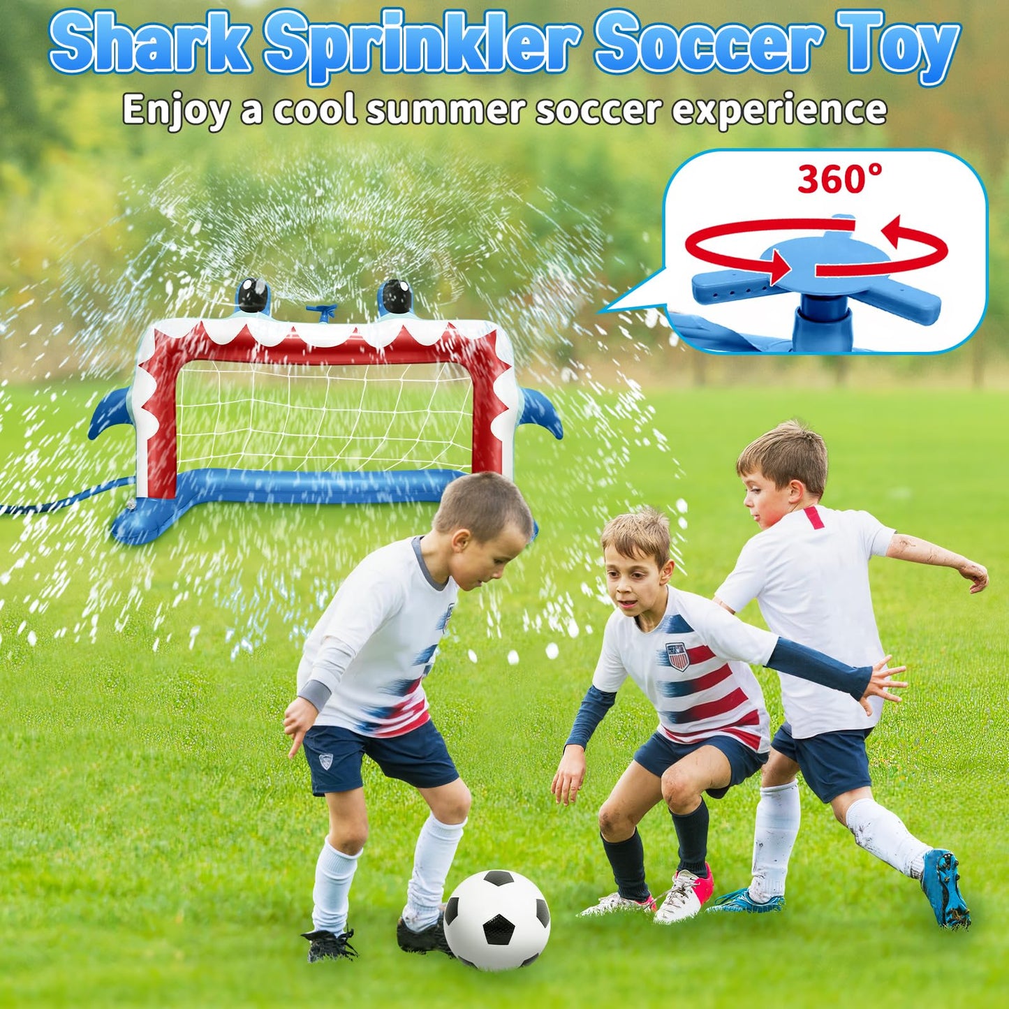 Intoypad Water Sprinkler Soccer Toys, Inflatable Shark Soccer Goal Sprinkler with a Soccer Ball Backyard Outdoor Summer Toys for Boys Girls Outside Yard Water Football Game Toys for Kids Ages 3-8