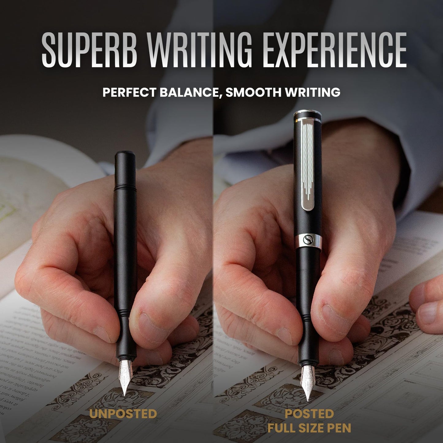 Scriveiner Luxury EDC Fountain Pen (Fine), Stunning Matt Black Pocket Pen, Chrome Finish, Schmidt German Nib, Converter, Best Writing Pen Gift Set for Men & Women, Nice Fancy Office Designer Pen