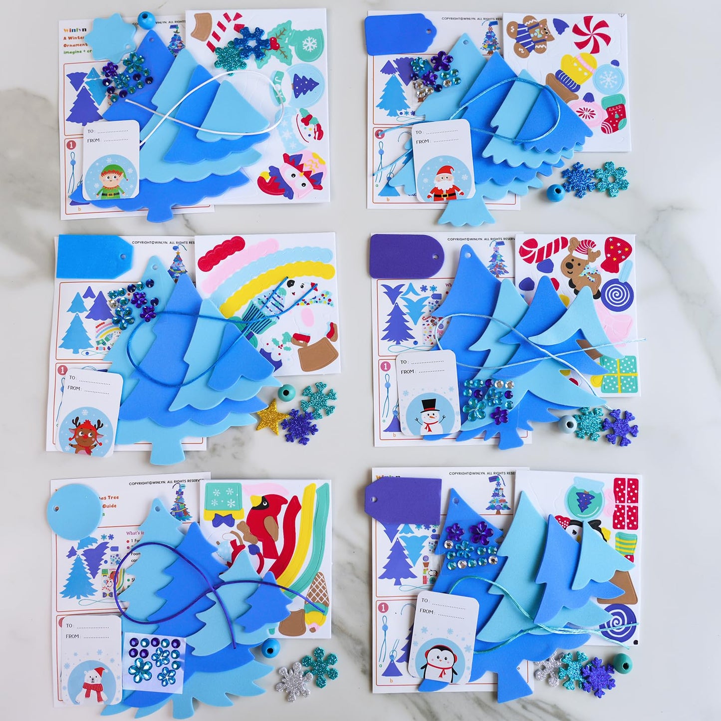 Winlyn 24 Sets Winter Decorations DIY 3D Pine Tree Ornaments Christmas Craft Kits Foam Tree with Festive Snowflake Foam Stickers for Kids Holiday Seasonal Gift Home Classroom Activities Party Favors