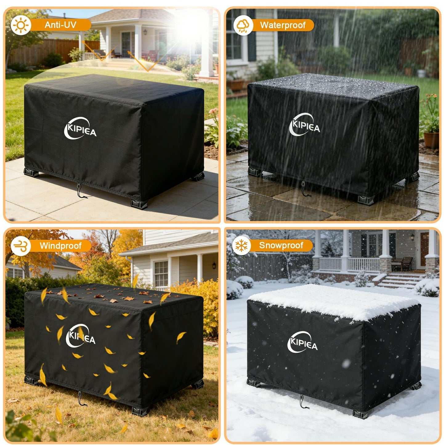 Kipiea Rectangular Fire Pit Cover – Upgraded 600D Heavy Duty, 100% Waterproof Propane Fire Table Cover, UV and Tear Resistant Outdoor Fire Pit Table Cover for 42" L x 24" W x 24" H, Black