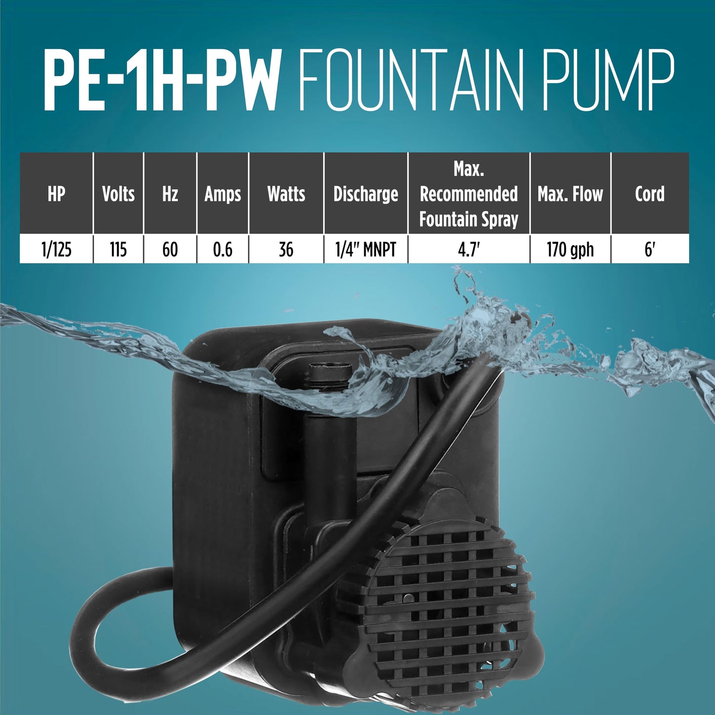 Little Giant PE-1H-PW 115 Volt, 1/125 HP, 186 GPH Epoxy Encapsulated Small Submersible Pump for Fountains and Shallow Water Applications, Hooded Volute and Flow Control Valve, 6-Ft Cord, Black, 566604