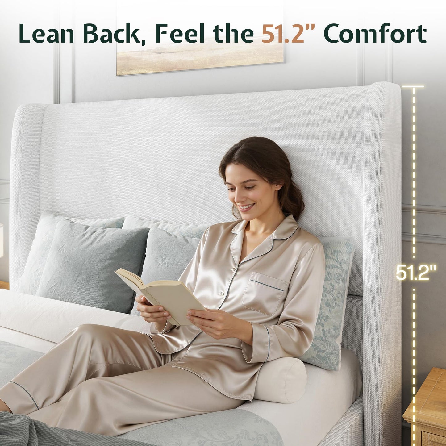 Jocisland Queen Upholstered Platform Bed Frame with 51.2" Tall Wingback Headboard–Solid Wood Legs, No Box Spring Needed, White Linen–Modern Style for Any Bedroom