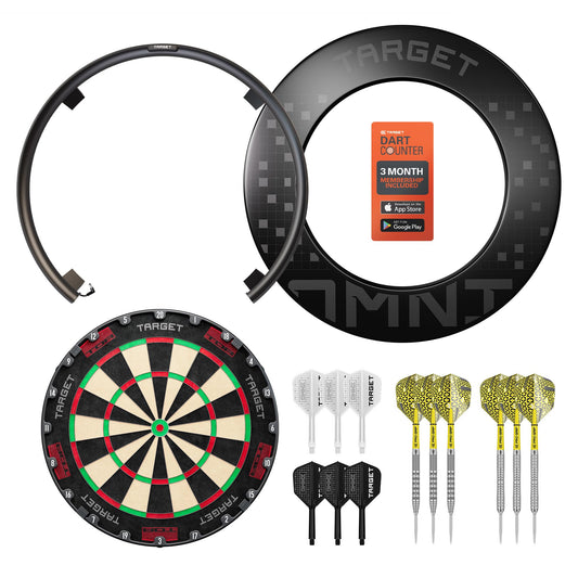 Target Darts Omni Ultimate Home Set up | Auto Scoring System with Wall Protection Surround and TOR Dart Board | LED Lighting System| 90% Tungsten Steel Tip Darts and No.6 K-Flex